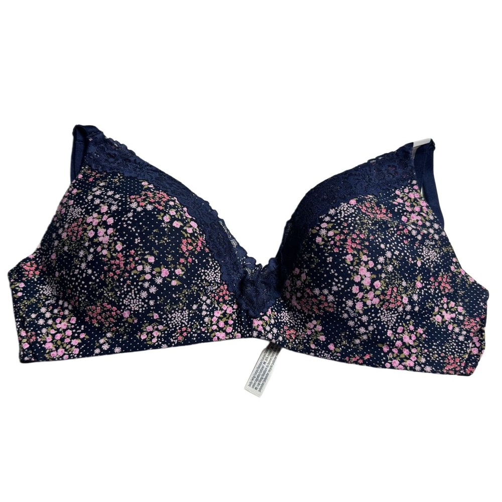 Victoria's Secret PINK Wireless Push Up Bra 36B Navy Floral Lace Trim NWT